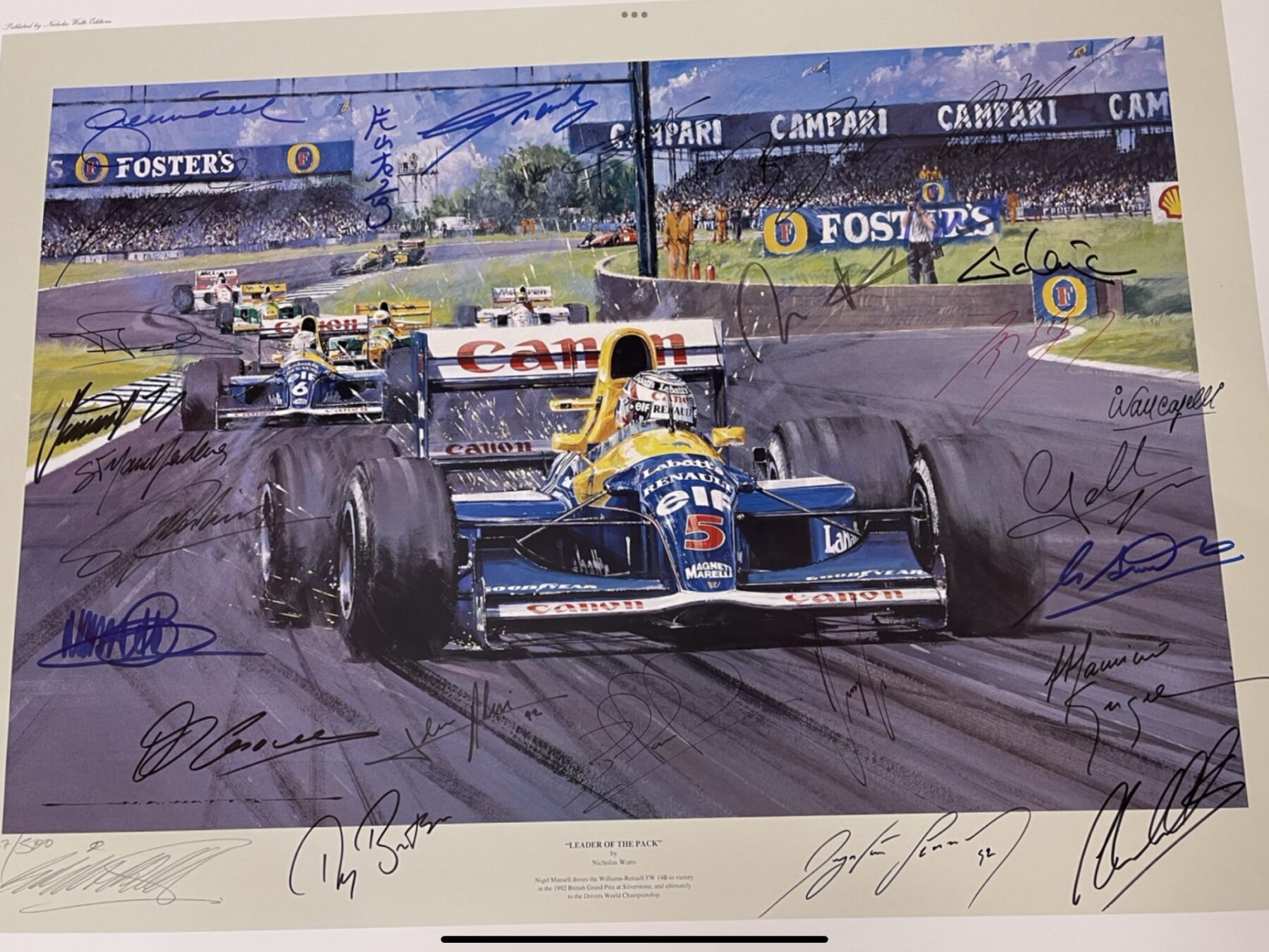 Leader of the Pack-British Grand Prix 1992 print Signed by 26 F1 drivers including -Nigel Mansell,Ayrton Senna,Damon Hill Michael Schumacher - Image 2