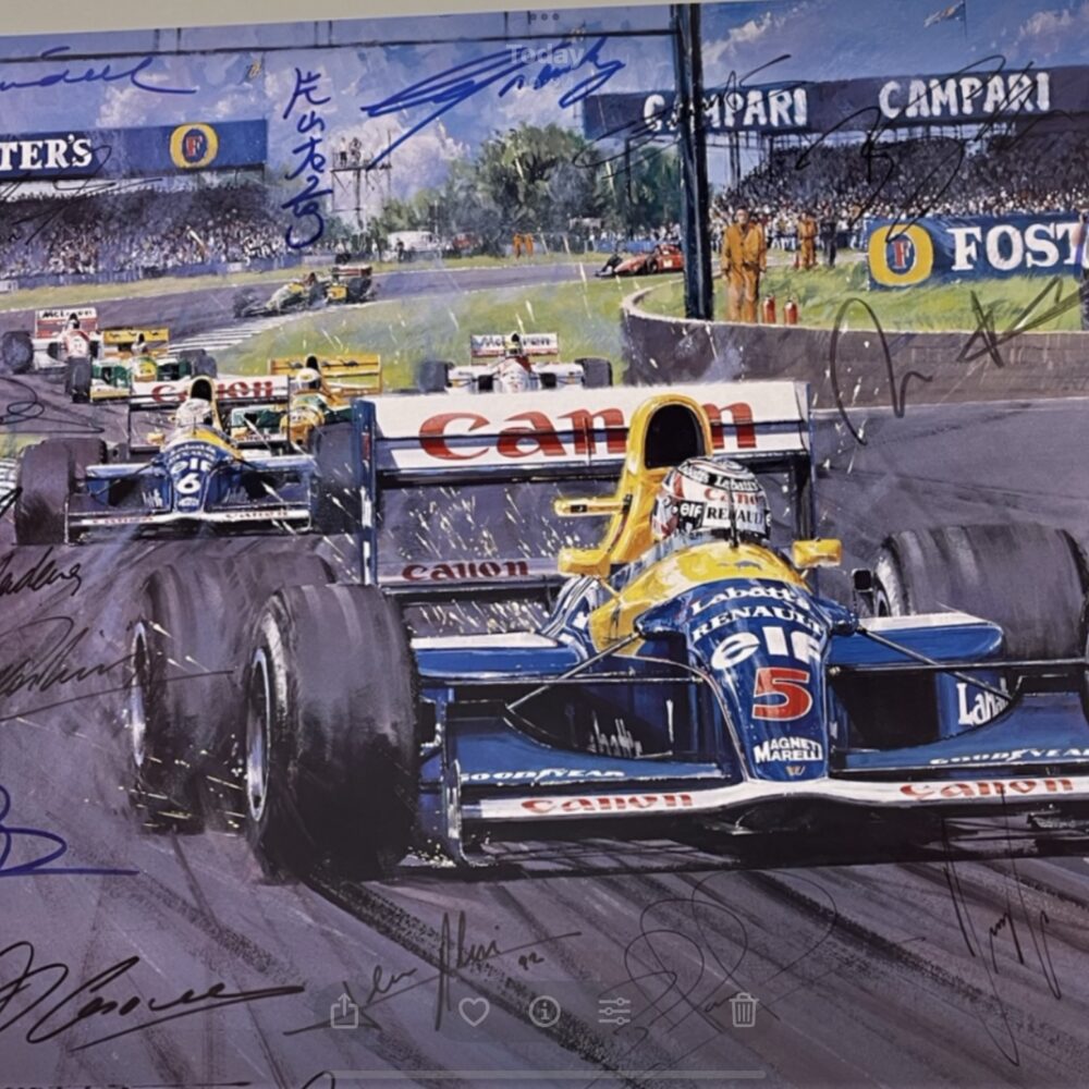 Leader of the Pack-British Grand Prix 1992 print Signed by 26 F1 drivers including -Nigel Mansell,Ayrton Senna,Damon Hill Michael Schumacher