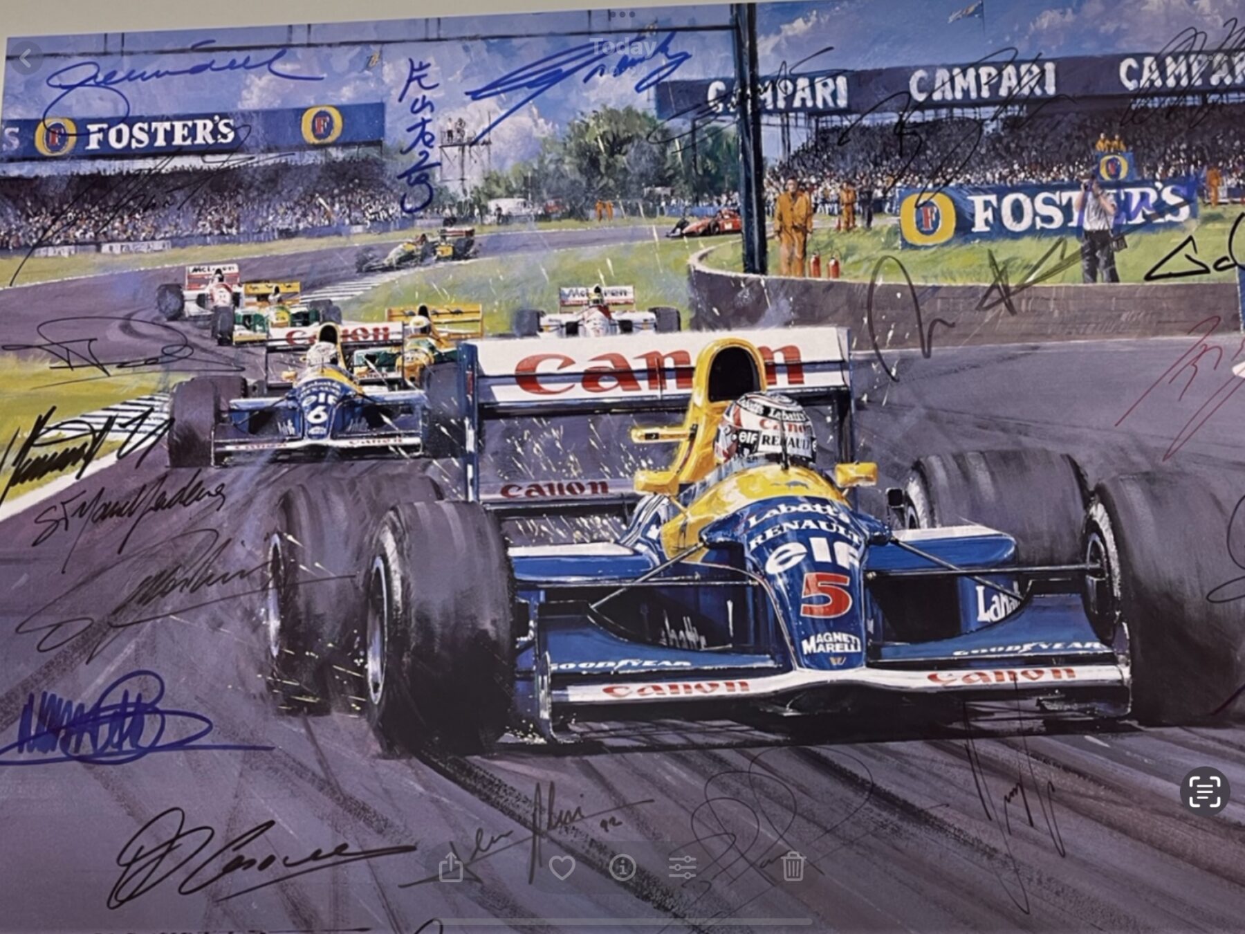 Leader of the Pack-British Grand Prix 1992 print Signed by 26 F1 drivers including -Nigel Mansell,Ayrton Senna,Damon Hill Michael Schumacher