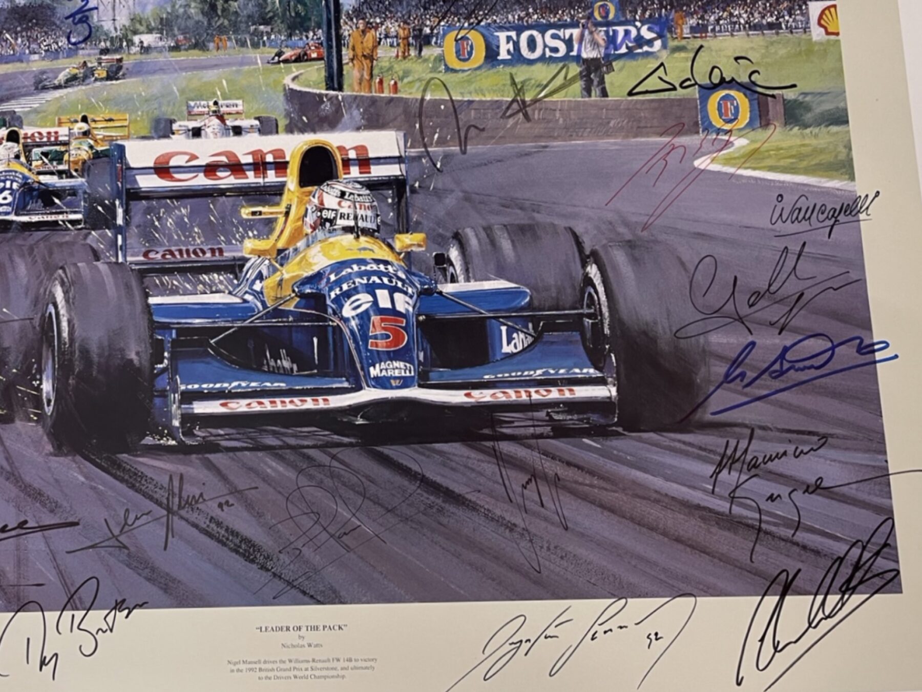 Leader of the Pack-British Grand Prix 1992 print Signed by 26 F1 drivers including -Nigel Mansell,Ayrton Senna,Damon Hill Michael Schumacher - Image 6