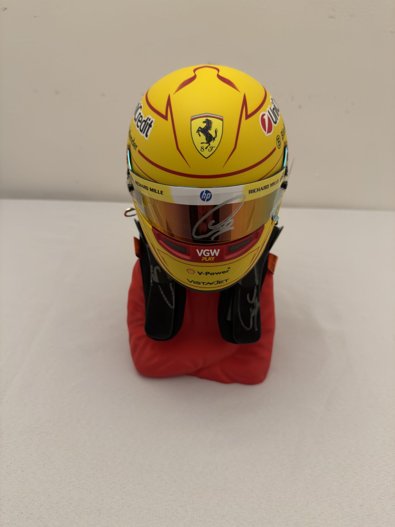 Lewis Hamilton Signed on the visor 1/2 scale Bell Ferrari helmet with Signed HANS device - Image 5