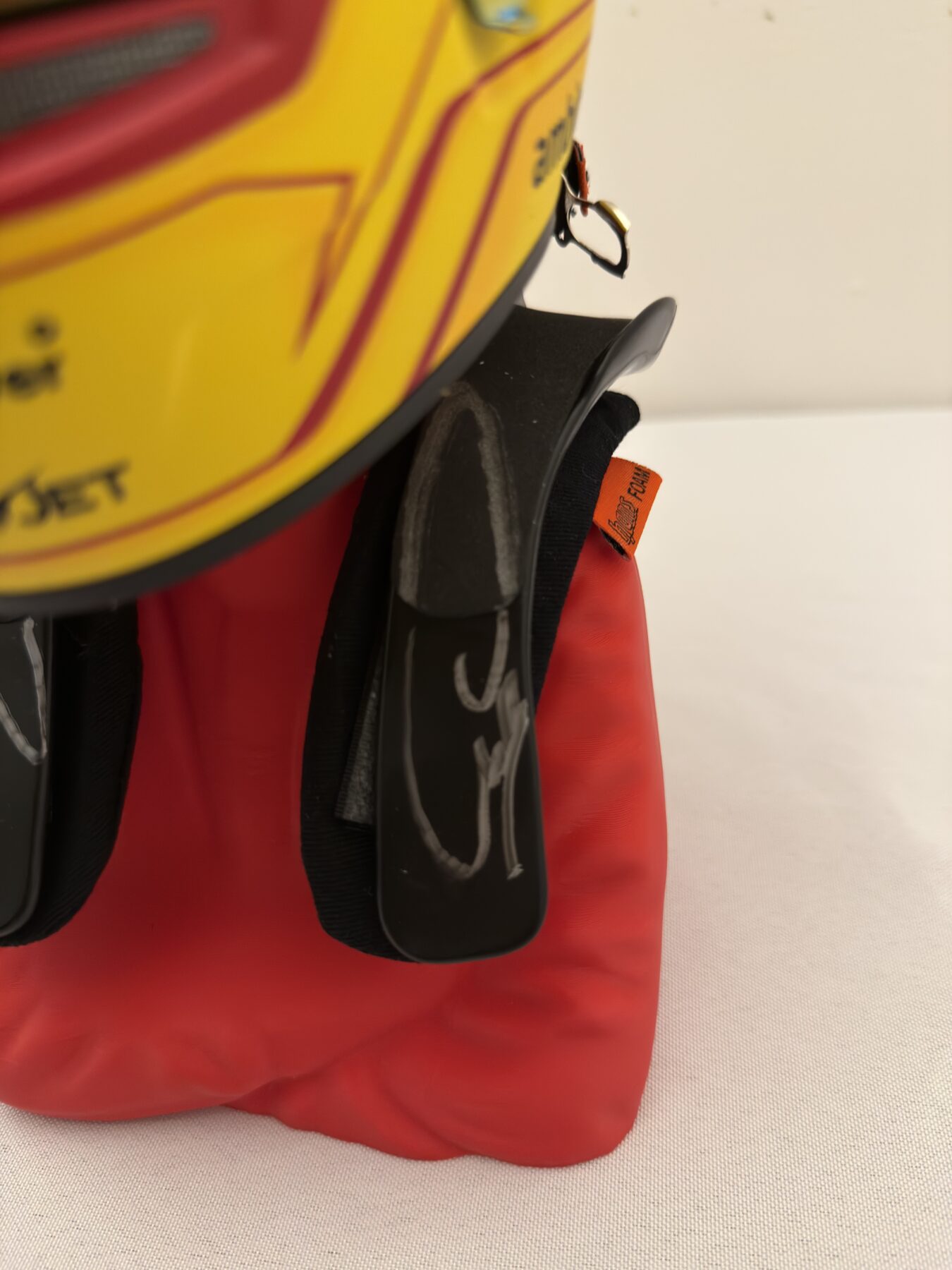 Lewis Hamilton Signed on the visor 1/2 scale Bell Ferrari helmet with Signed HANS device - Image 4