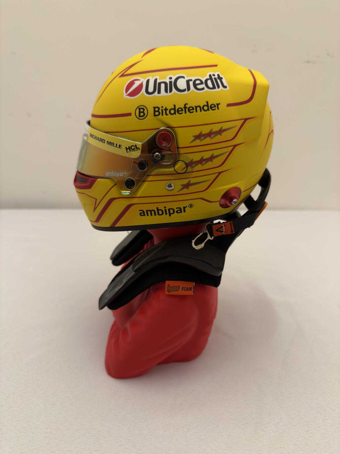Lewis Hamilton Signed on the visor 1/2 scale Bell Ferrari helmet with Signed HANS device - Image 7