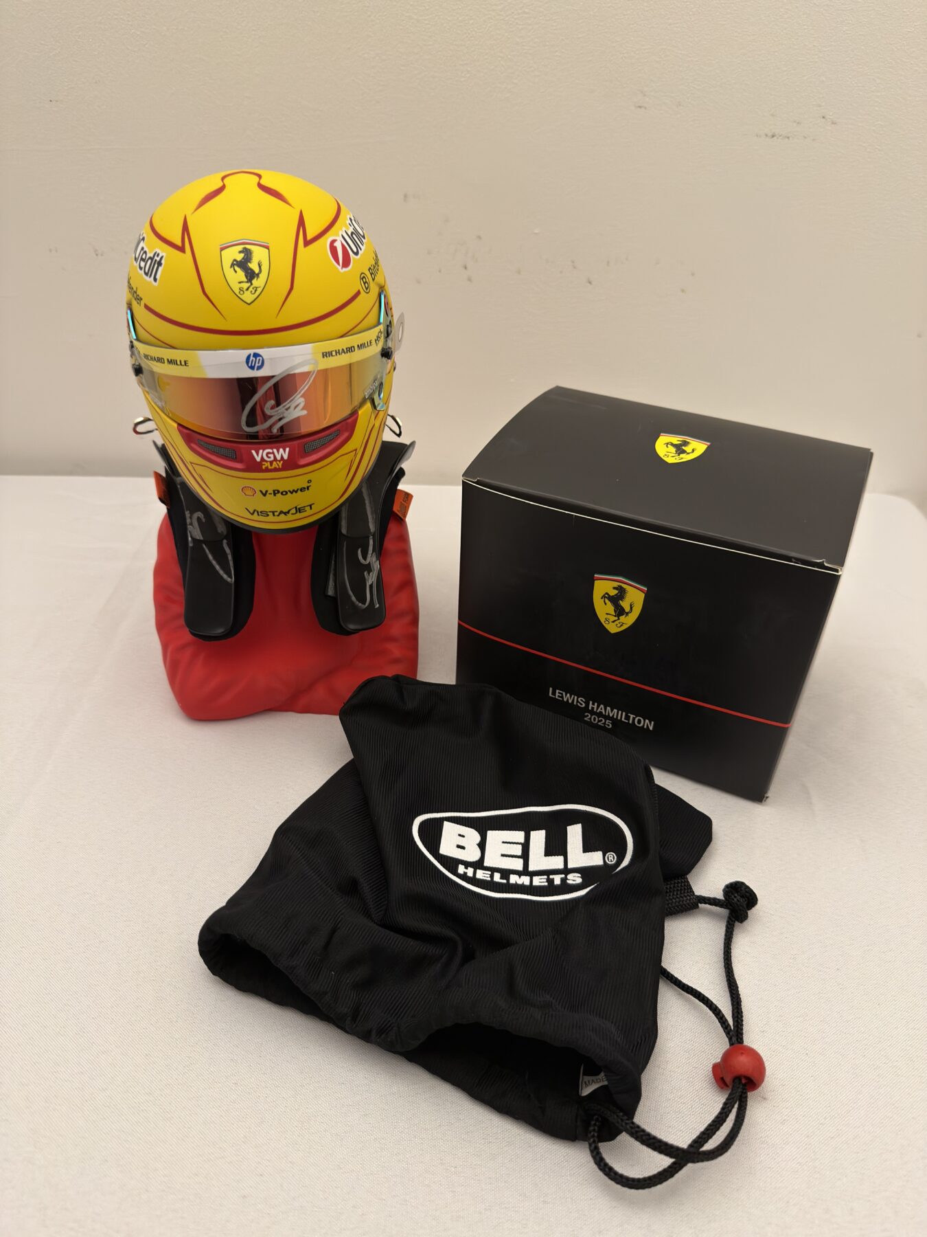 Lewis Hamilton Signed on the visor 1/2 scale Bell Ferrari helmet with Signed HANS device - Image 6