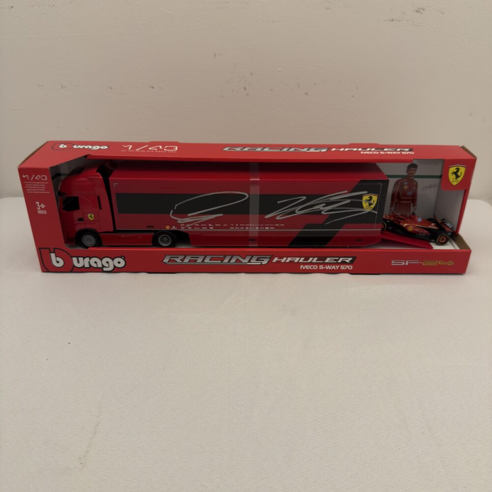 Burago-Ferrari 1/43 hauler-Signed by Lewis Hamilton and Charles Leclerc