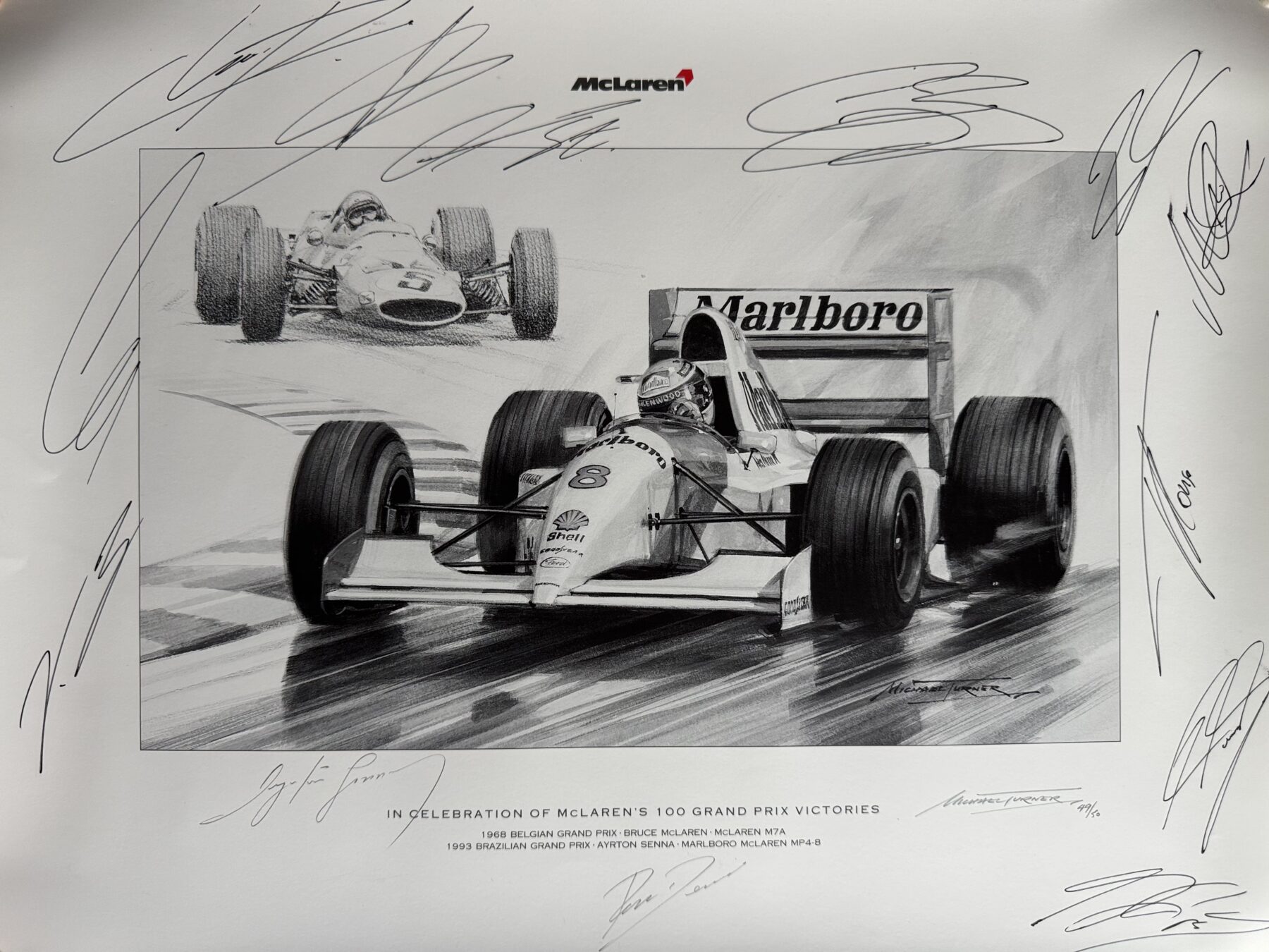 Ayrton Senna Signed Print-Bruce McLaren -100th win 1993-also signed by McLaren drivers past and present