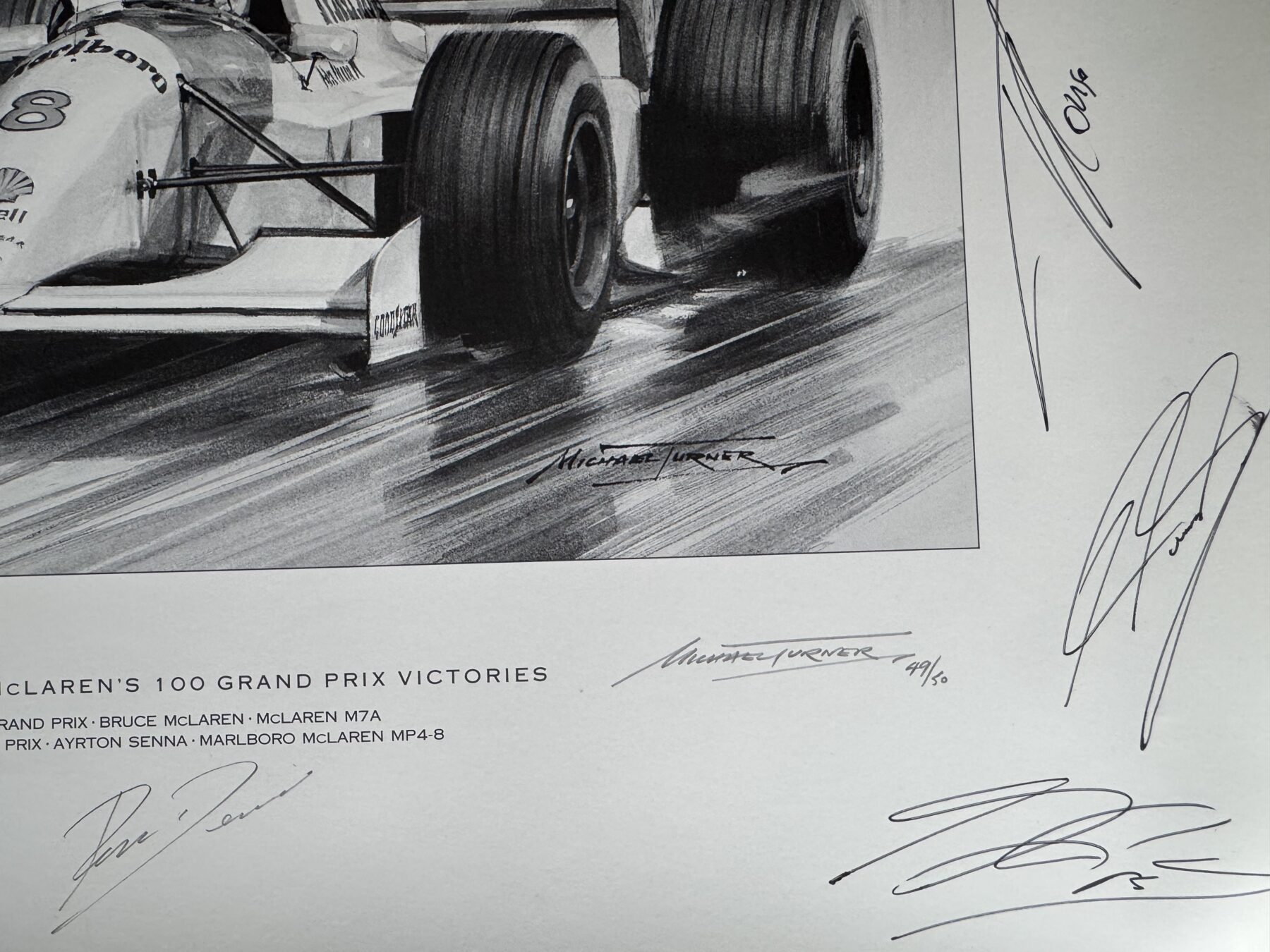 Ayrton Senna Signed Print-Bruce McLaren -100th win 1993-also signed by McLaren drivers past and present - Image 5